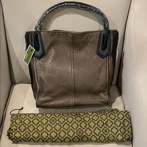 OrYANY Large Taupe Pebbled Leather Tote with Green and Black Trim